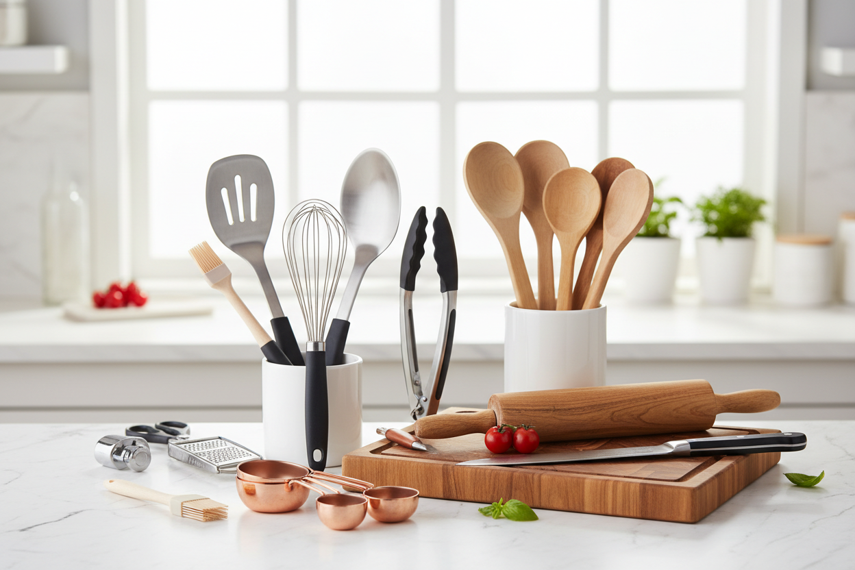 Cooking tools and utensils arranged on a kitchen countertop, including spatulas, whisks, measuring spoons, and food preparation tools