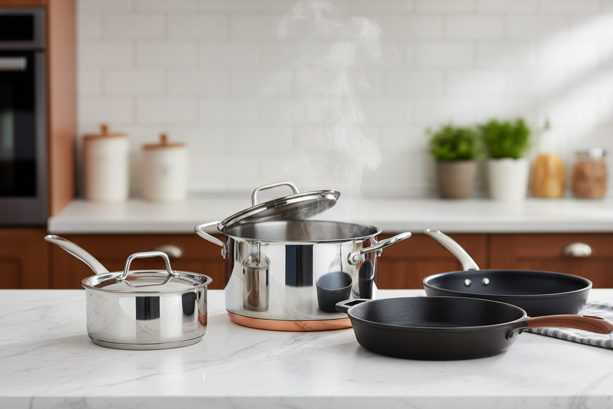 Various cookware items including frying pans, saucepans, and pots arranged on a kitchen countertop for everyday cooking