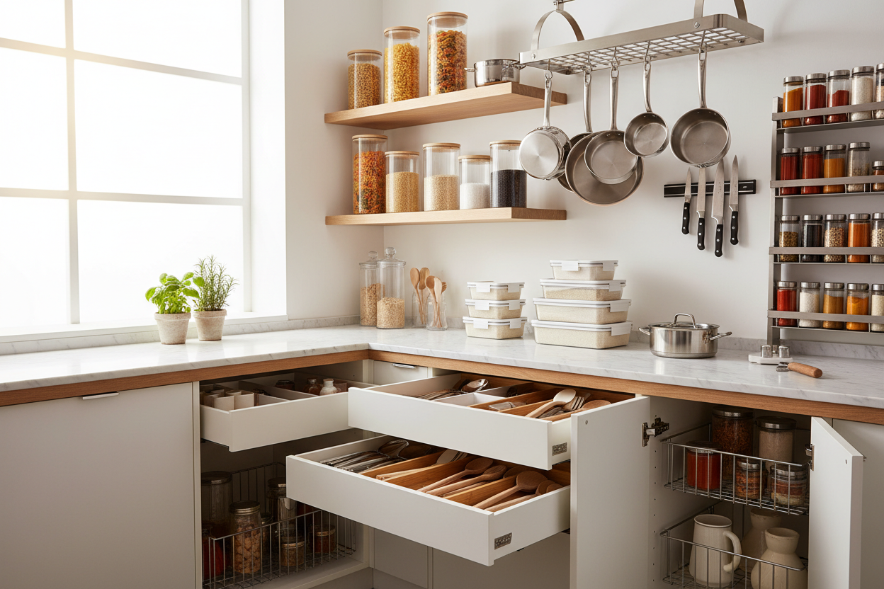 Kitchen storage solutions including food containers, spice jars, fridge organizers, and drawer organizers arranged neatly on a countertop