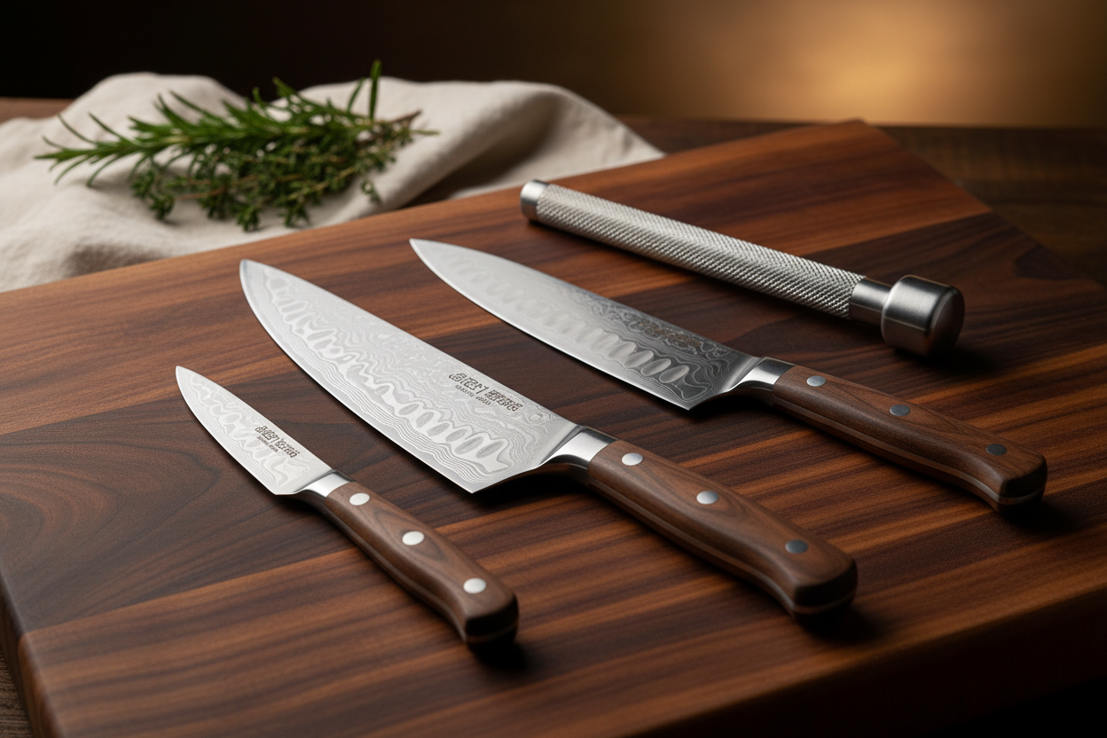 Knives and cutting tools including chef knives, kitchen scissors, and cutting boards arranged on a kitchen countertop for food preparation